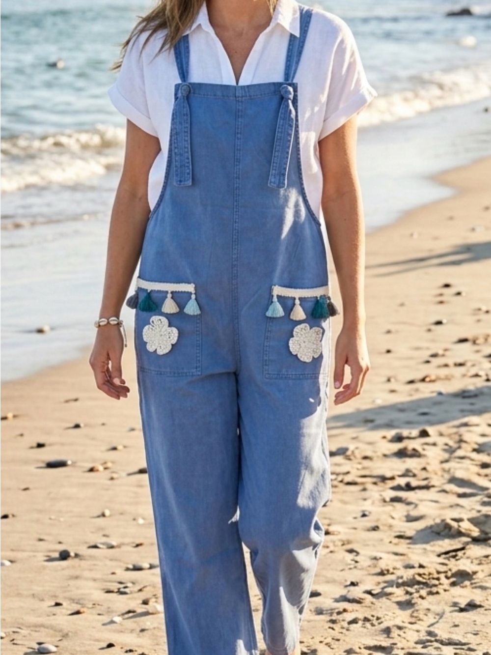 Zenana Outfitters Light Blue Denim Overalls with Tassel Pocket Accents